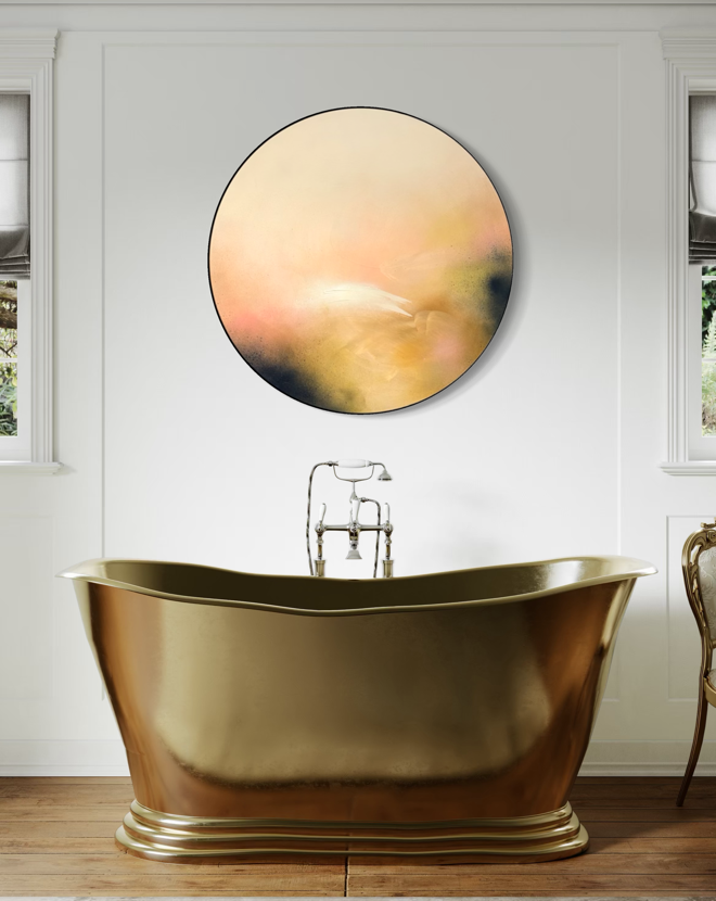 Friend by Kate Mayer: Gold bathtub, abstract art in handmade metal frame, classic fixtures, and elegant decor.