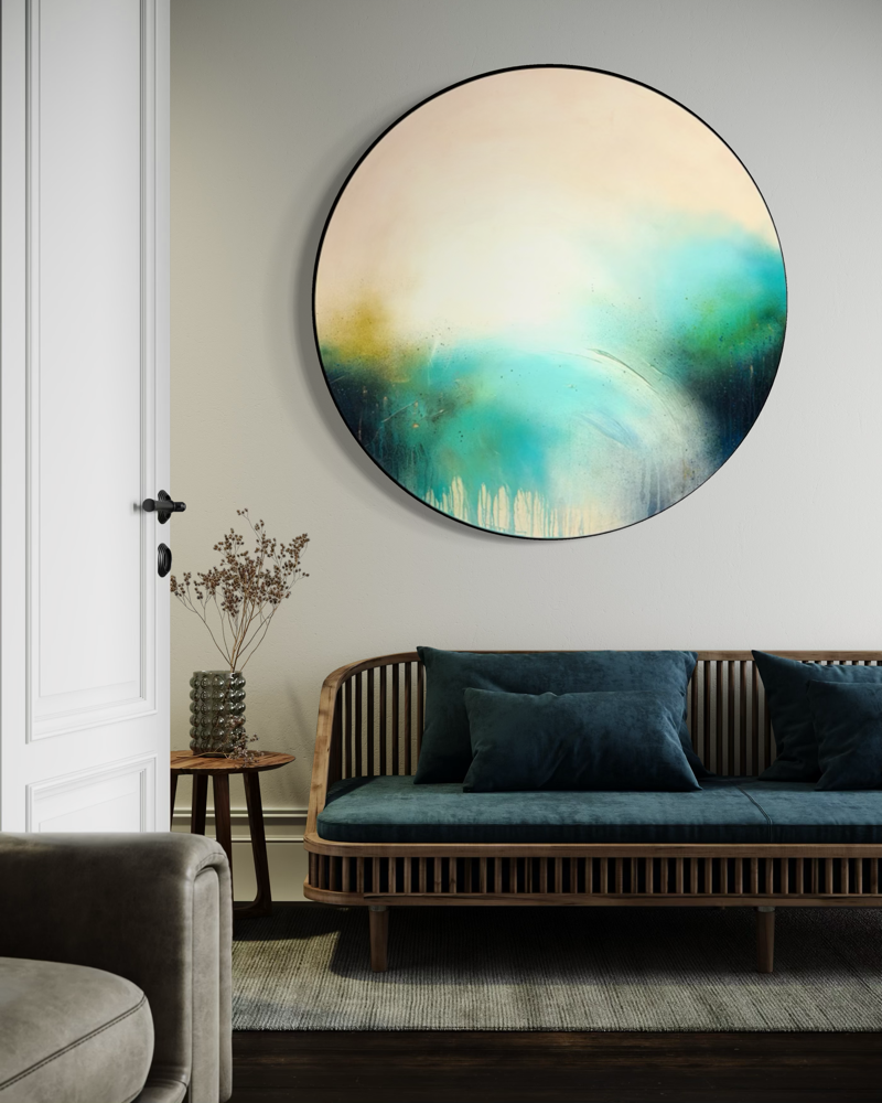 The Afterglow of Stillness by Kate Mayer hangs above a wooden sofa with teal pillows, next to dried flowers.