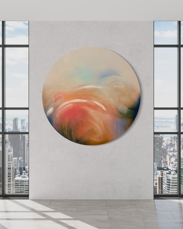 Count Your Blessings by Kate Mayer, acrylic on plywood, adds warmth to a modern room with city views and large windows.