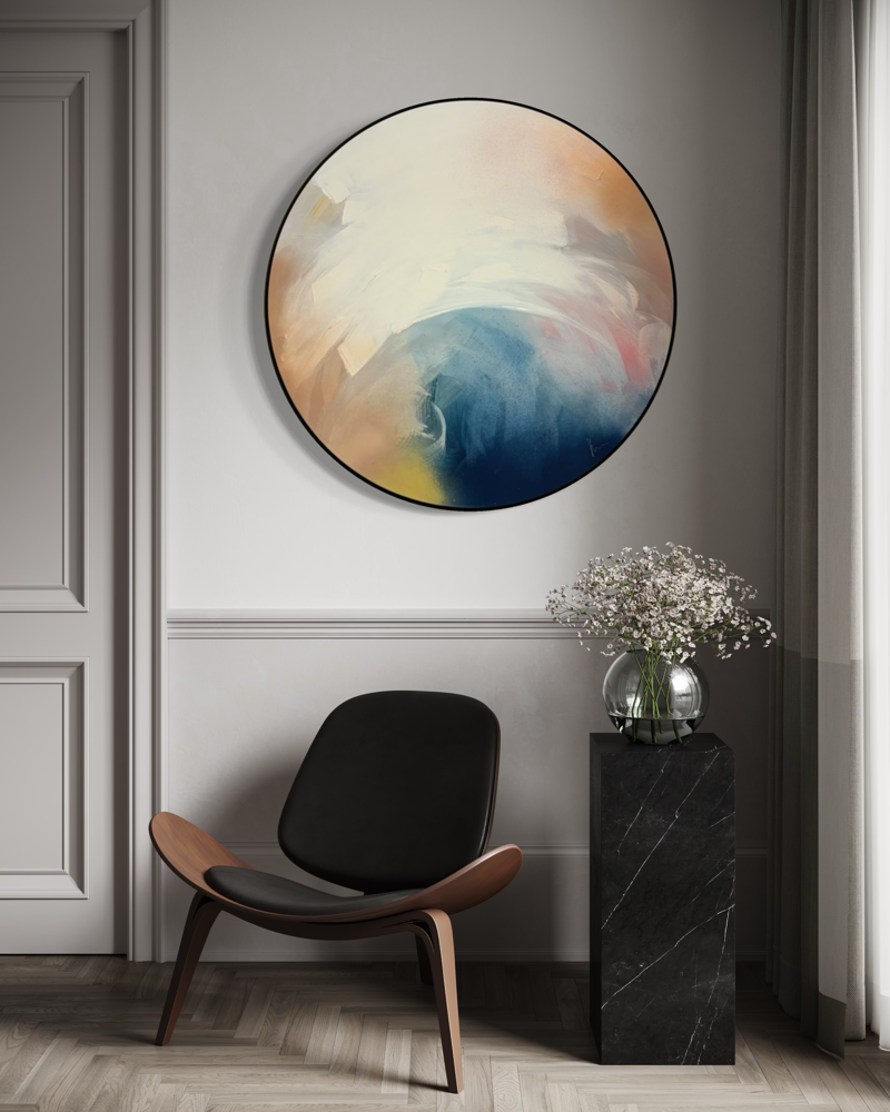 Modern room with black chair and “Total Praise” by Kate Mayer, an abstract art in a handmade metal float frame.