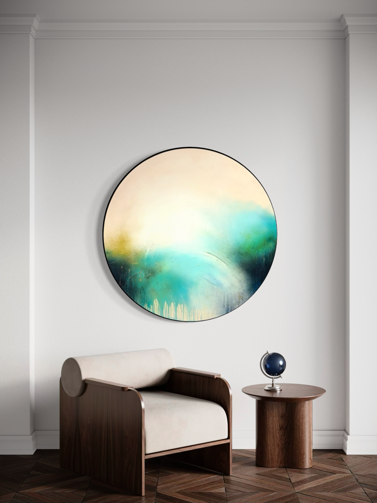 Modern armchair and side table with a globe, beneath “The Afterglow of Stillness” by Kate Mayer on a white wall.