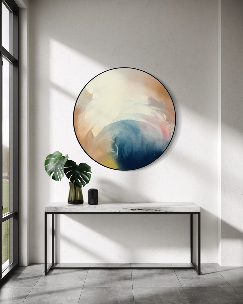 Total Praise“ by Kate Mayer, a round abstract painting in handmade metal frame above a marble console in a sunlit room.