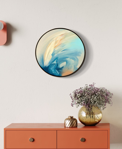 The Best Is Yet To Come“ by Kate Mayer hangs above a coral sideboard topped with a vase and gold jar.