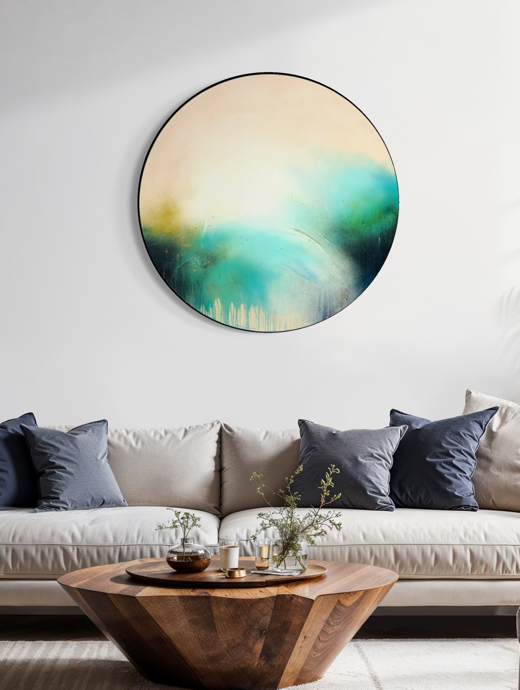 The Afterglow of Stillness“ by Kate Mayer, round acrylic art in blue/yellow, above beige sofa with blue pillows.