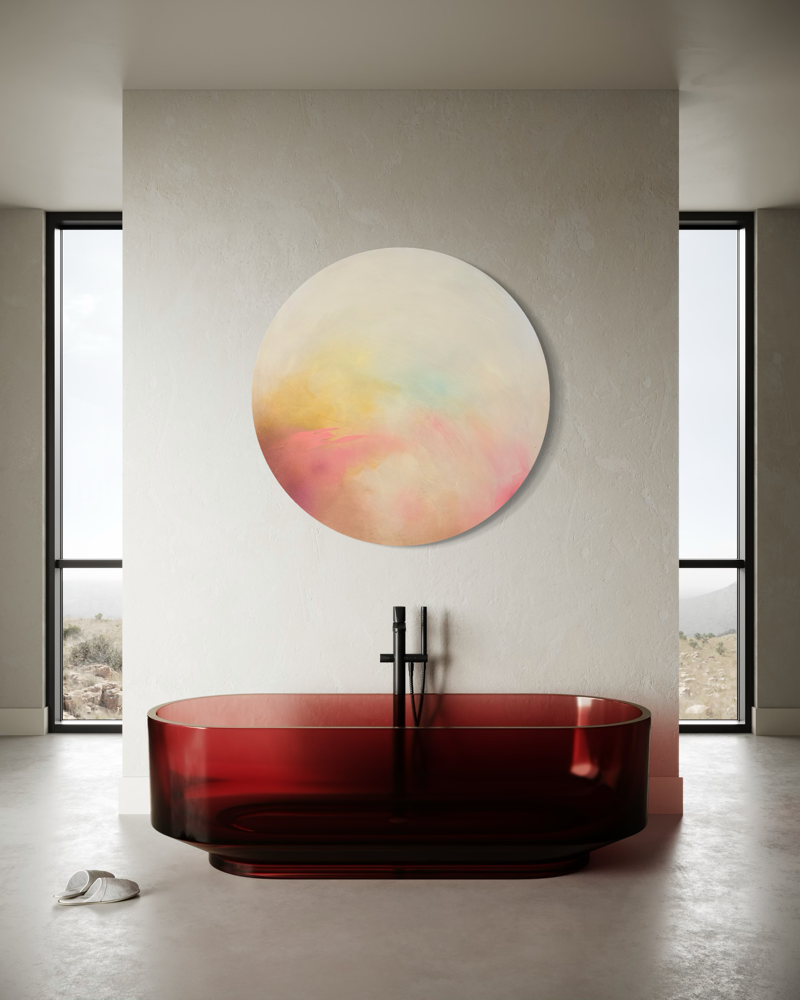 A modern bathroom with The Afterglow of Connection by Kate Mayer and a striking red glass bathtub.