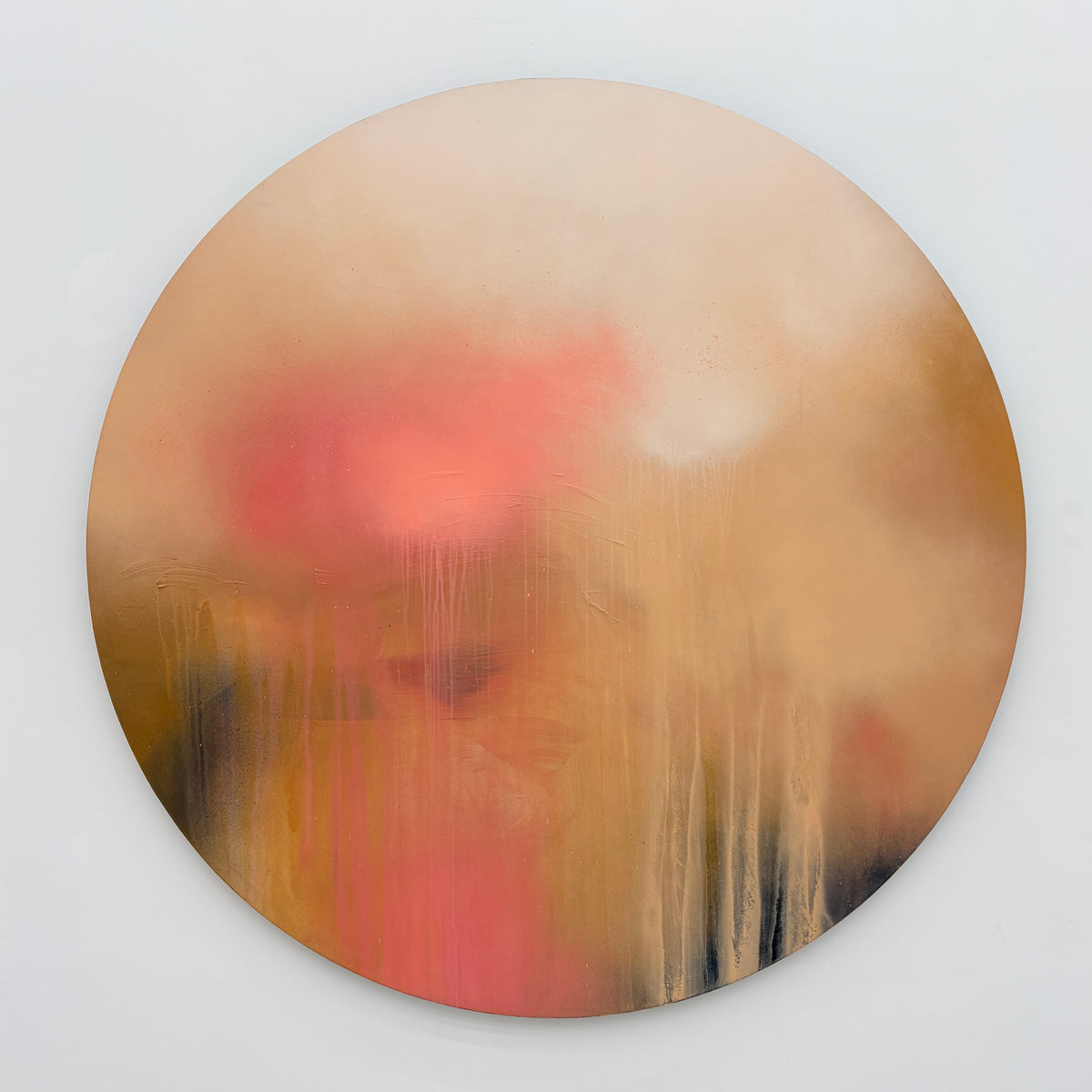 The Afterglow of Awe, large circular abstract painting in warm tones by London based artist Kate Mayer