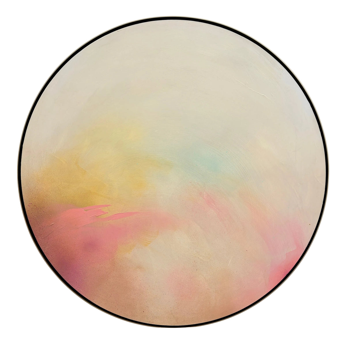 The Afterglow of Connection by Kate Mayer: round acrylic on plywood, pastel swirls, in a handmade metal float frame.