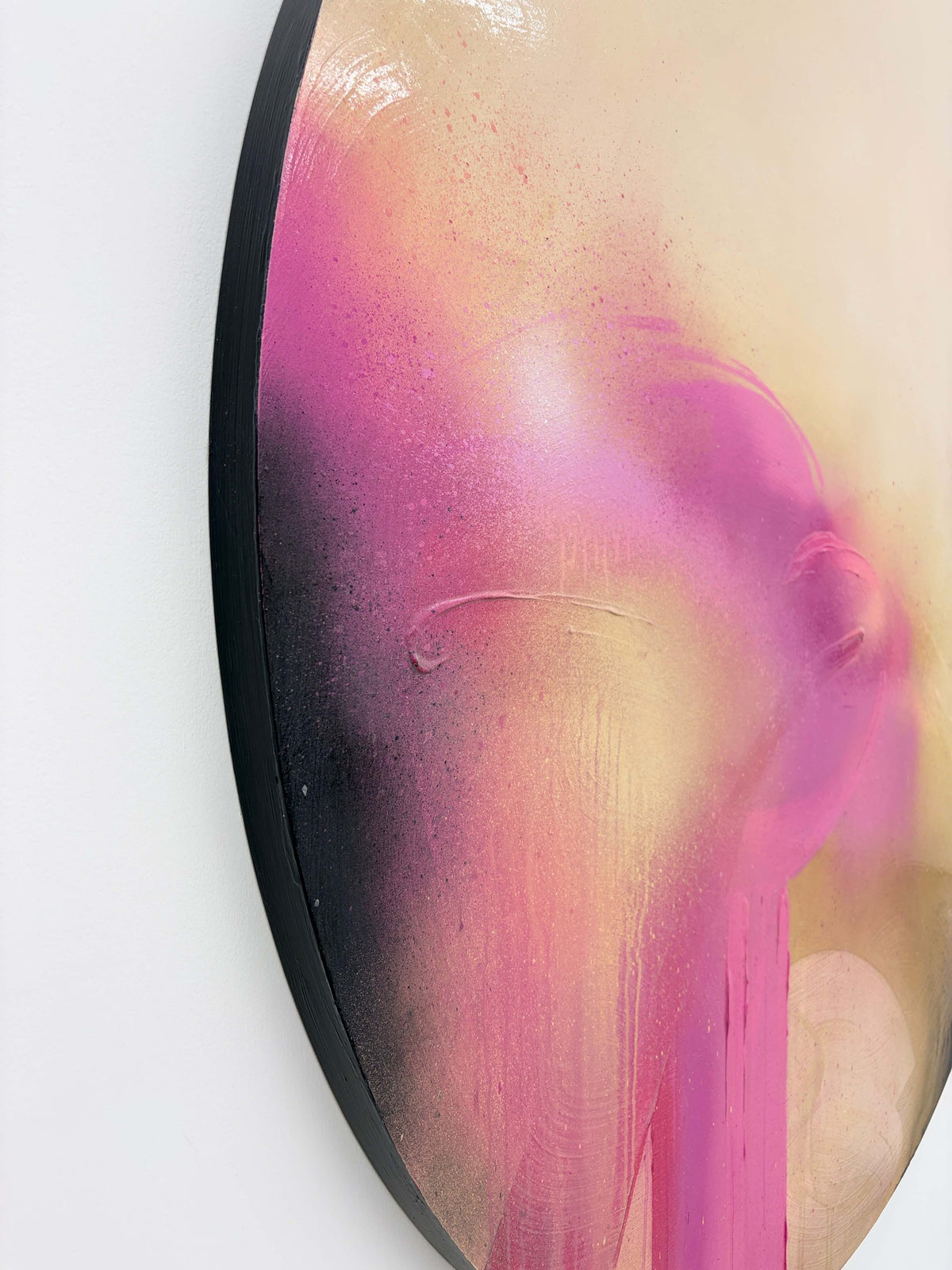 Afterglow by Kate Mayer, original abstract acrylic painting on plywood in pink, purple and beige, shown from the side.