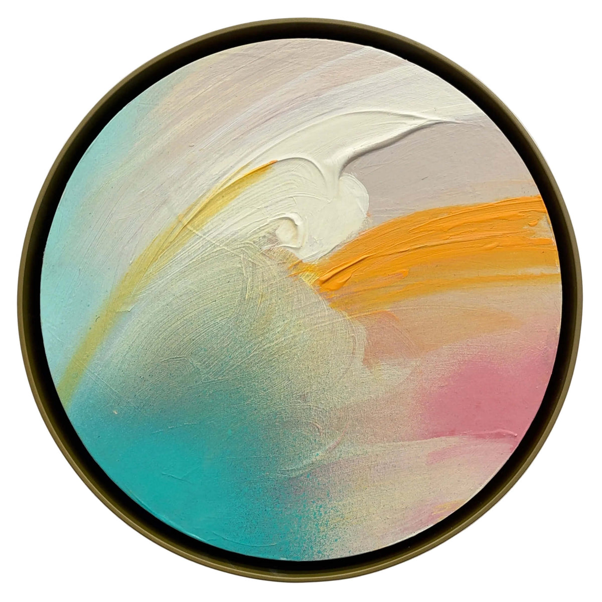 Brighter Day by Kate Mayer: round abstract acrylic on plywood with pastel swirls and a handmade metal float frame.