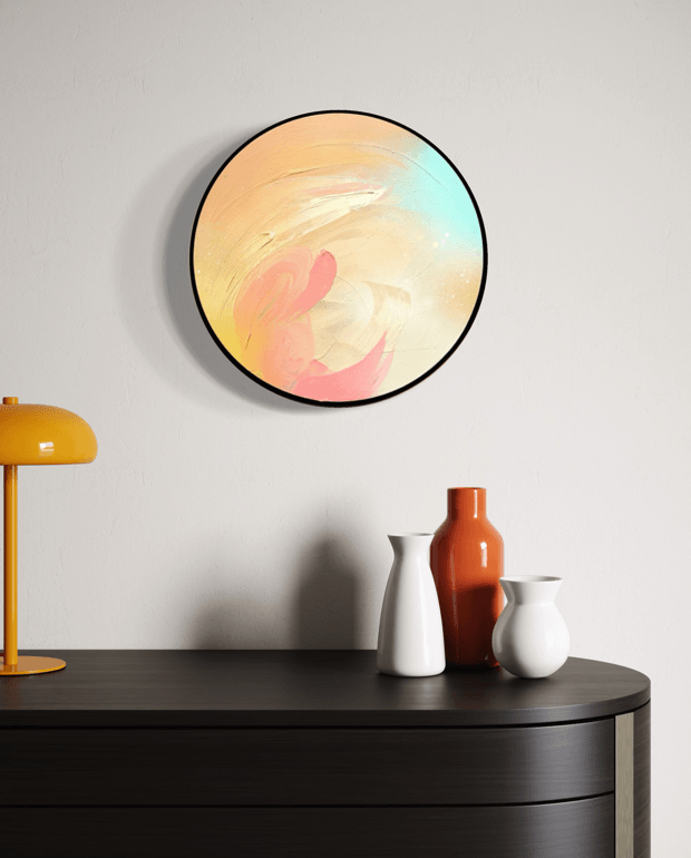 Hold On Change Is Coming“ by Kate Mayer, acrylic on plywood, shown above dark cabinet with orange lamp and vases.