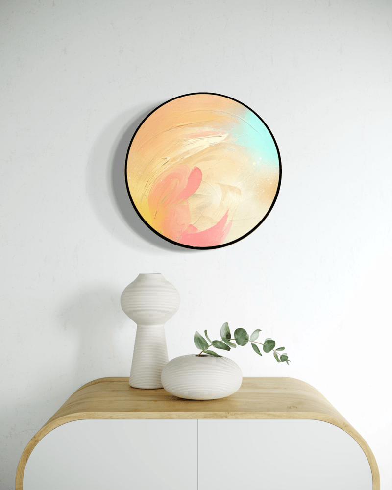 Hold On Change Is Coming“ by Kate Mayer, an acrylic pastel abstract on plywood, above a console with vases and foliage.