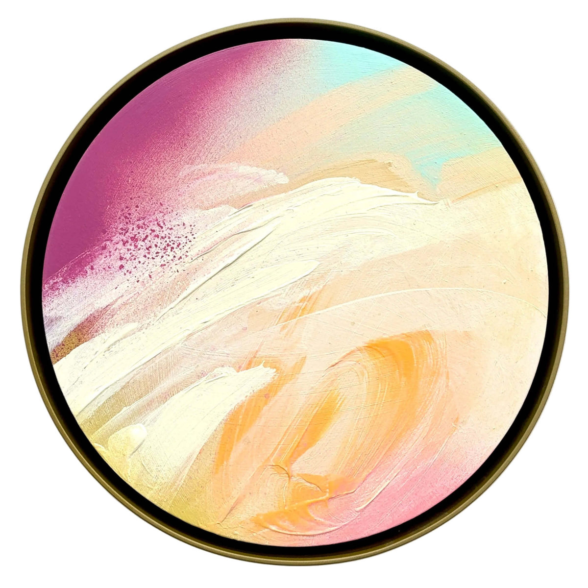 I Smile“ by Kate Mayer: abstract circular acrylic on plywood in pinks, cream & turquoise, framed in black-rimmed metal.