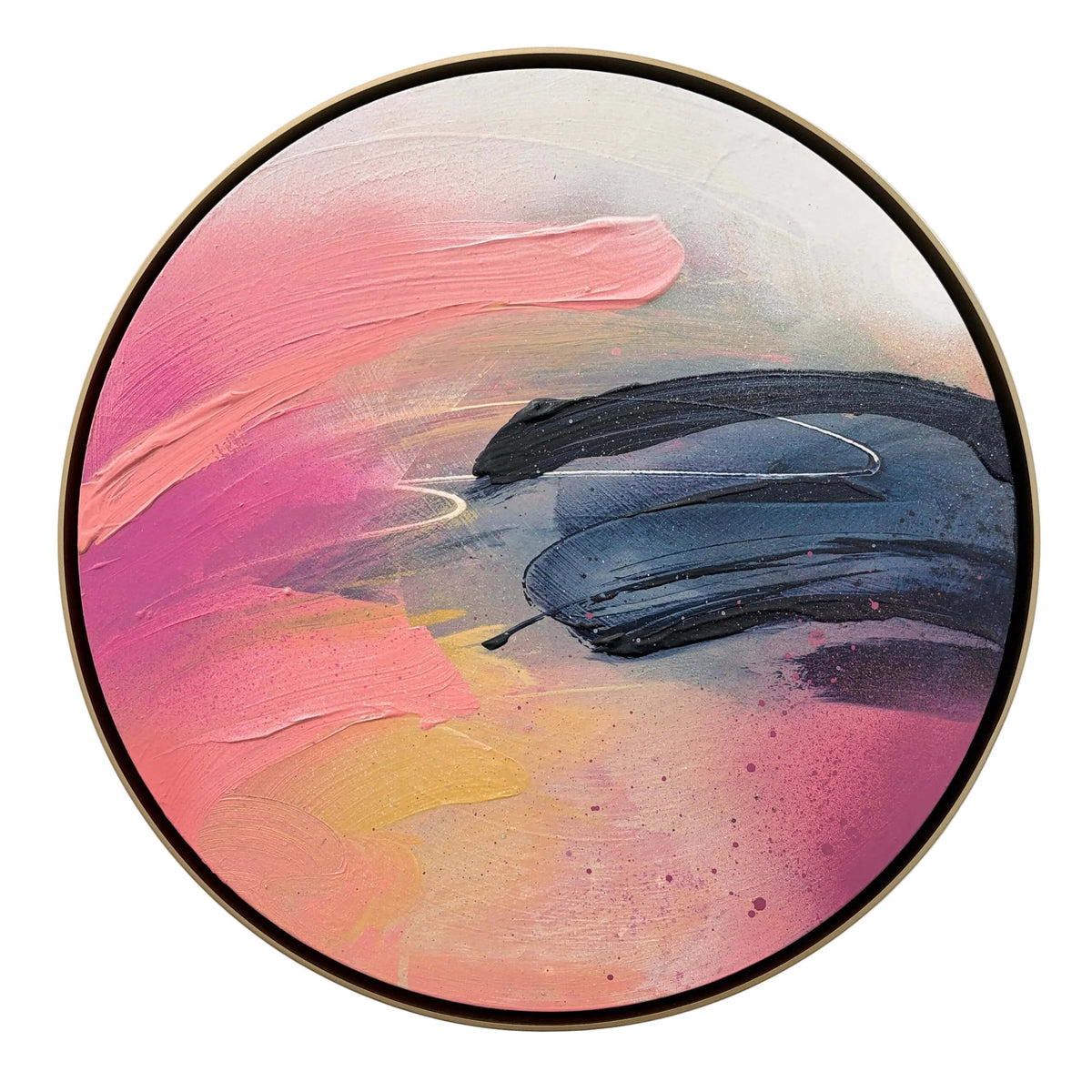 Looking For You“ by Kate Mayer: bold pink, navy & yellow acrylic brushstrokes on round plywood with white background.