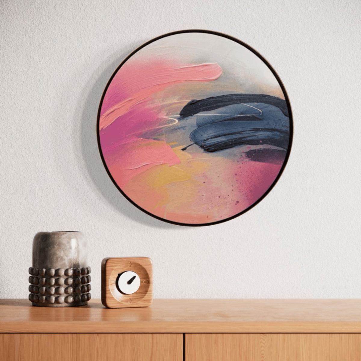 Looking For You by Kate Mayer, original abstract painting in pink, blue and beige displayed against a light-coloured wall.
