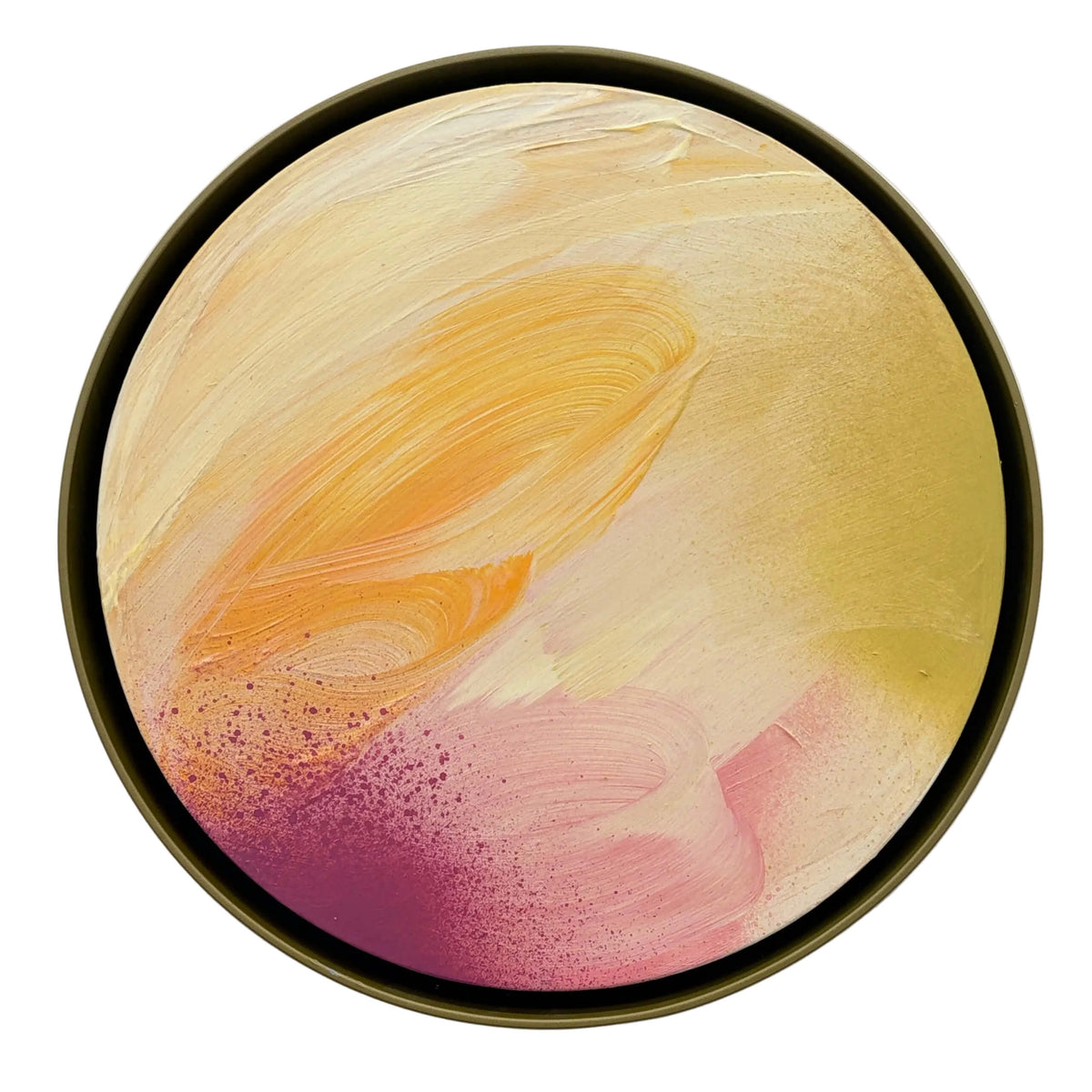 Lovely Day by Kate Mayer: a round tin with swirled yellow, pink, and orange, like an abstract painting or planet.