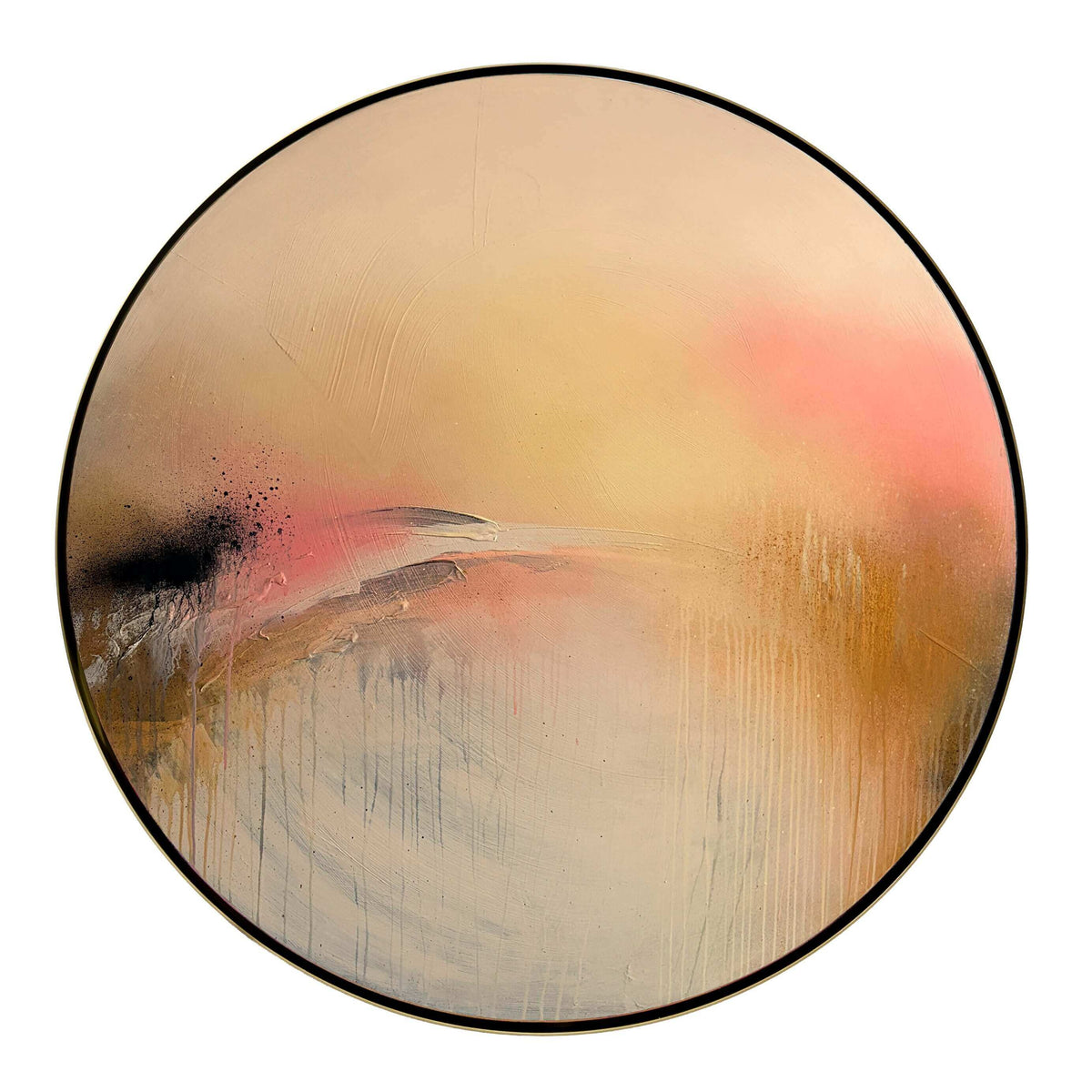 Shadows by Kate Mayer, original abstract acrylic painting on plywood in beige, pink and black, displayed against a plain white background.