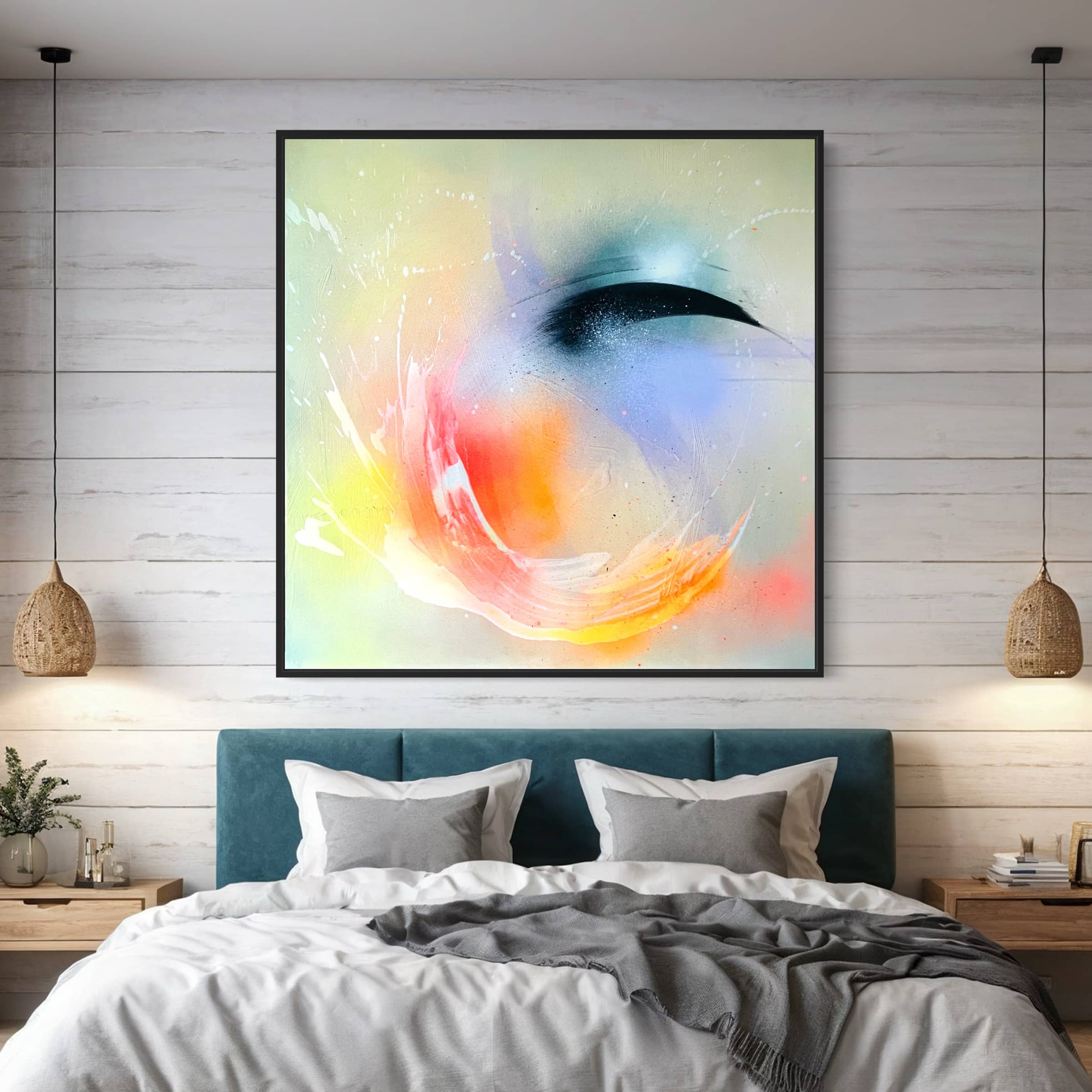 The cozy bedroom features "Eternal Vitality," an original painting by Kate Mayer, showcasing colorful swirls with acrylic and spray paint above a bed adorned with a teal headboard and gray blanket.