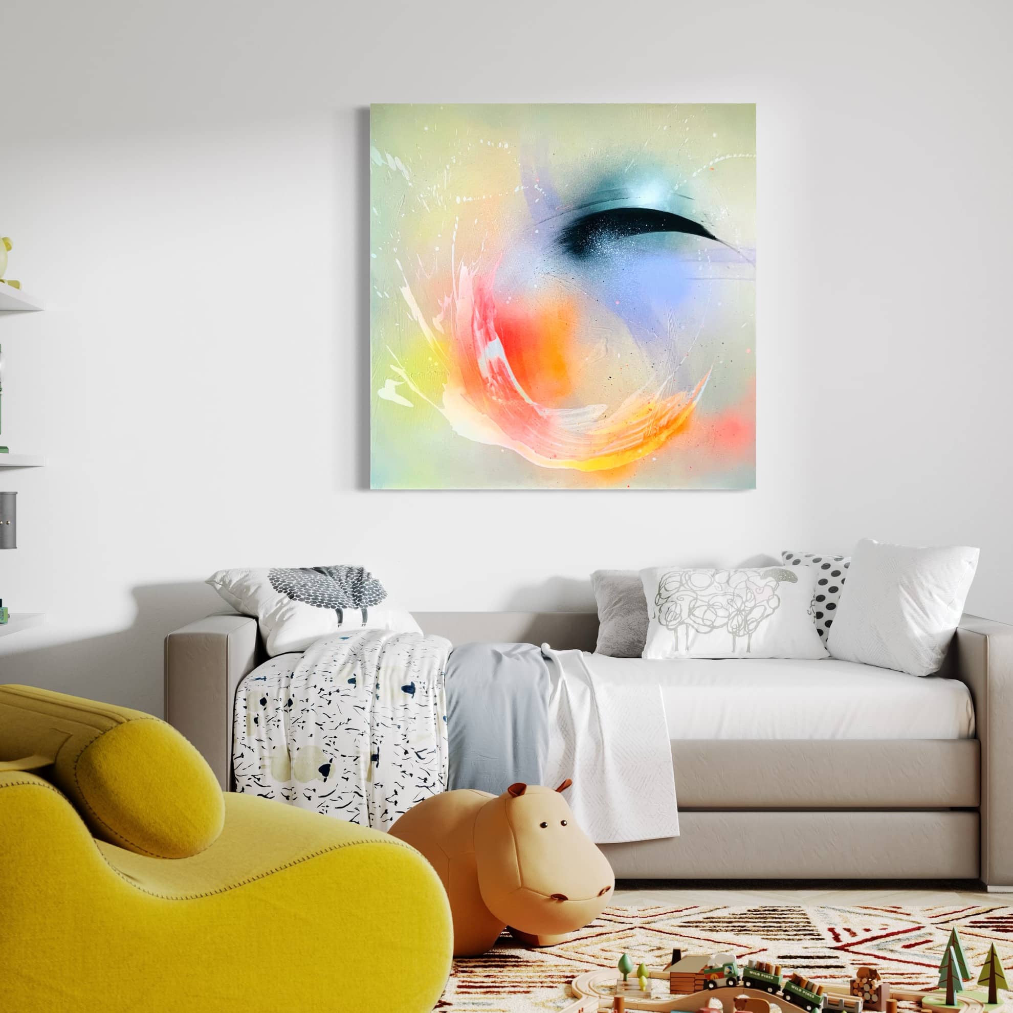 A contemporary living room displays "Eternal Vitality," an original painting by Kate Mayer, crafted with acrylic and spray paint. The room includes a white sofa, a yellow chair, and a whimsical wooden toy hippo on the floor.